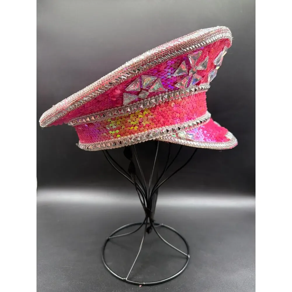 Pink Sequin Rhinestone Captain Hat Jeweled Festival Rave Burning Man Military